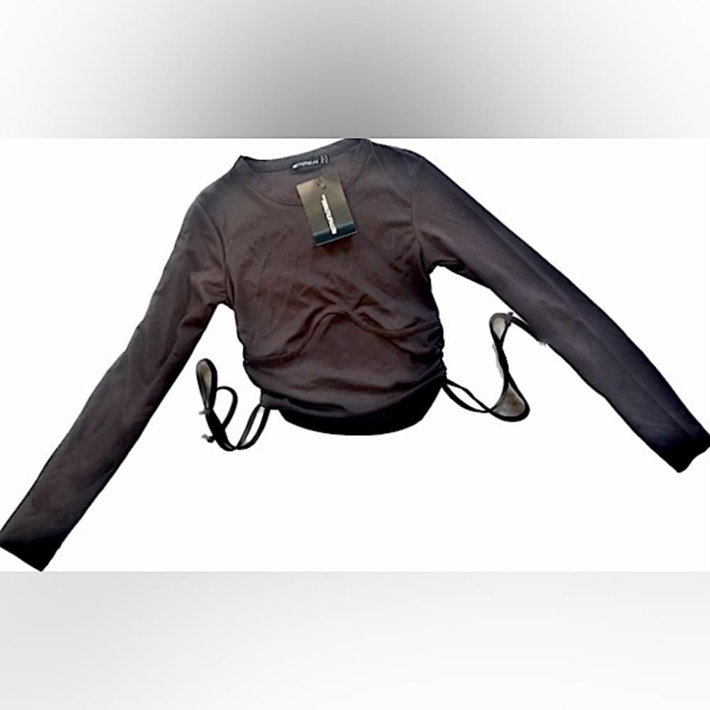 Chocolate Rib Underbust Drawstring Long Sleeve Crop Top. Size 8 US. PYT